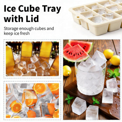 Silicone Ice Cube Tray, Ice Cube Mold, Ice Trays for Freezer with Lid for Whiskey, Cocktail, Drinks and Food, Freezer, BPA Free, Easy Release
