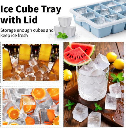 Silicone Ice Cube Tray, Ice Cube Mold, Ice Trays for Freezer with Lid for Whiskey, Cocktail, Drinks and Food, Freezer, BPA Free, Easy Release