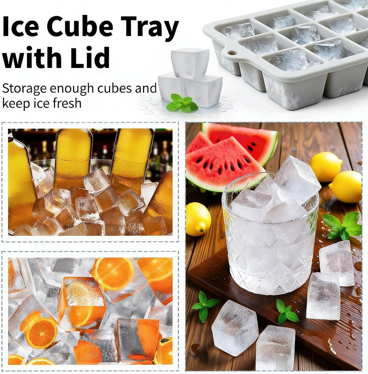 Silicone Ice Cube Tray, Ice Cube Mold, Ice Trays for Freezer with Lid for Whiskey, Cocktail, Drinks and Food, Freezer, BPA Free, Easy Release