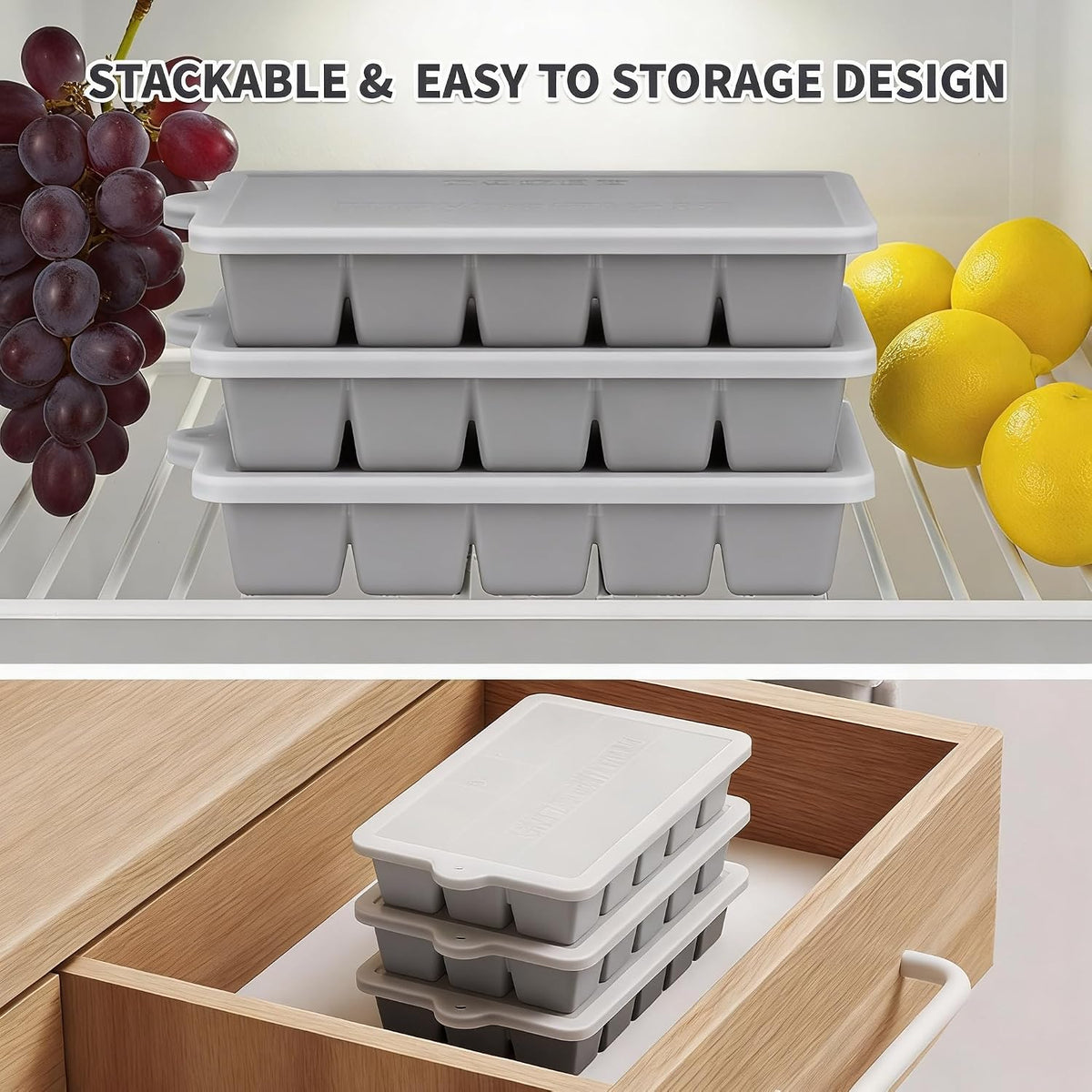Silicone Ice Cube Tray, Ice Cube Mold, Ice Trays for Freezer with Lid for Whiskey, Cocktail, Drinks and Food, Freezer, BPA Free, Easy Release