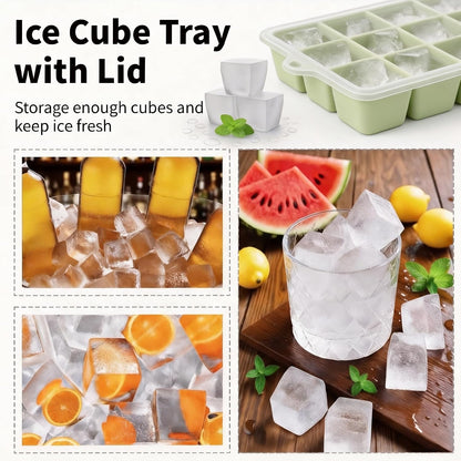 Silicone Ice Cube Tray, Ice Cube Mold, Ice Trays for Freezer with Lid for Whiskey, Cocktail, Drinks and Food, Freezer, BPA Free, Easy Release