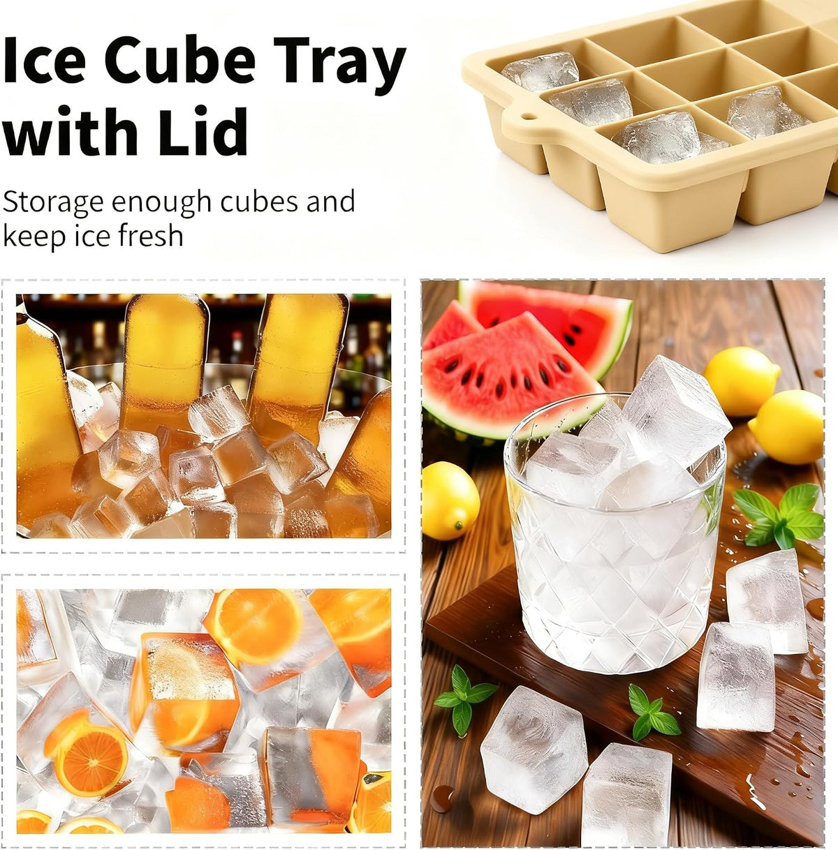 Silicone Ice Cube Tray, Ice Cube Mold, Ice Trays for Freezer with Lid for Whiskey, Cocktail, Drinks and Food, Freezer, BPA Free, Easy Release