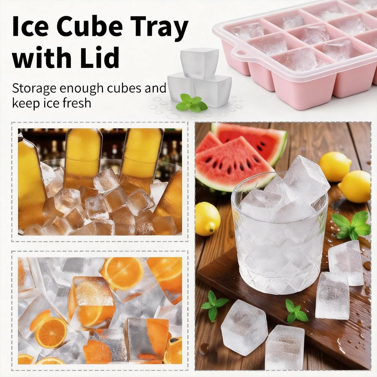 Silicone Ice Cube Tray, Ice Cube Mold, Ice Trays for Freezer with Lid for Whiskey, Cocktail, Drinks and Food, Freezer, BPA Free, Easy Release