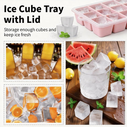 Silicone Ice Cube Tray, Ice Cube Mold, Ice Trays for Freezer with Lid for Whiskey, Cocktail, Drinks and Food, Freezer, BPA Free, Easy Release