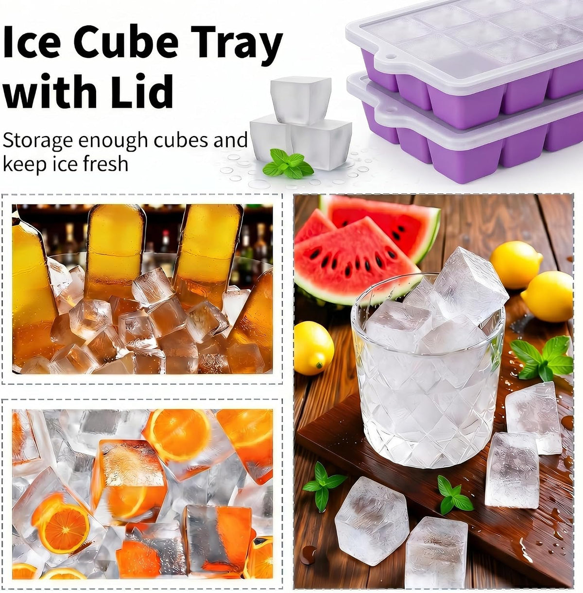 Silicone Ice Cube Tray, Ice Cube Mold, Ice Trays for Freezer with Lid for Whiskey, Cocktail, Drinks and Food, Freezer, BPA Free, Easy Release