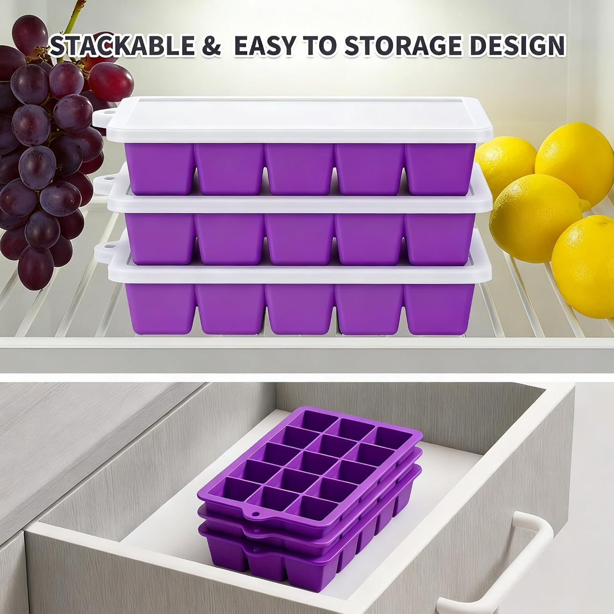 Silicone Ice Cube Tray, Ice Cube Mold, Ice Trays for Freezer with Lid for Whiskey, Cocktail, Drinks and Food, Freezer, BPA Free, Easy Release