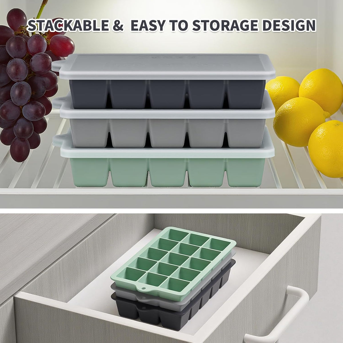 Silicone Ice Cube Tray, Ice Cube Mold, Ice Trays for Freezer with Lid for Whiskey, Cocktail, Drinks and Food, Freezer, BPA Free, Easy Release