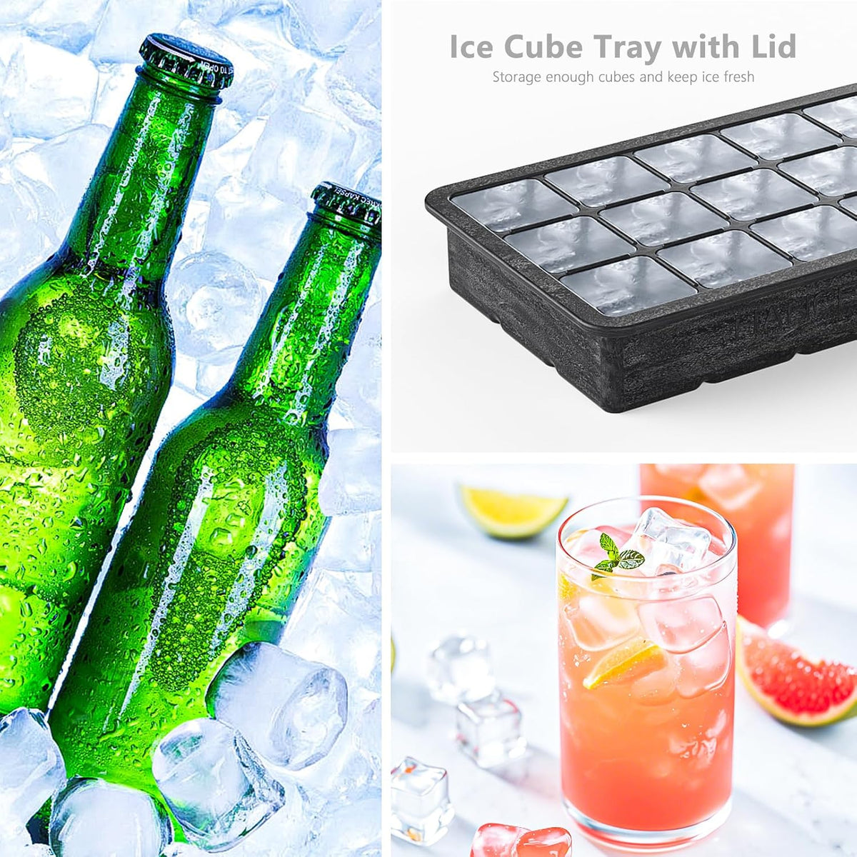 Silicone Ice Cube Tray, Ice Cube Mold, Ice Trays for Freezer with Lid for Whiskey, Cocktail, Drinks and Food, Freezer, BPA Free, Easy Release