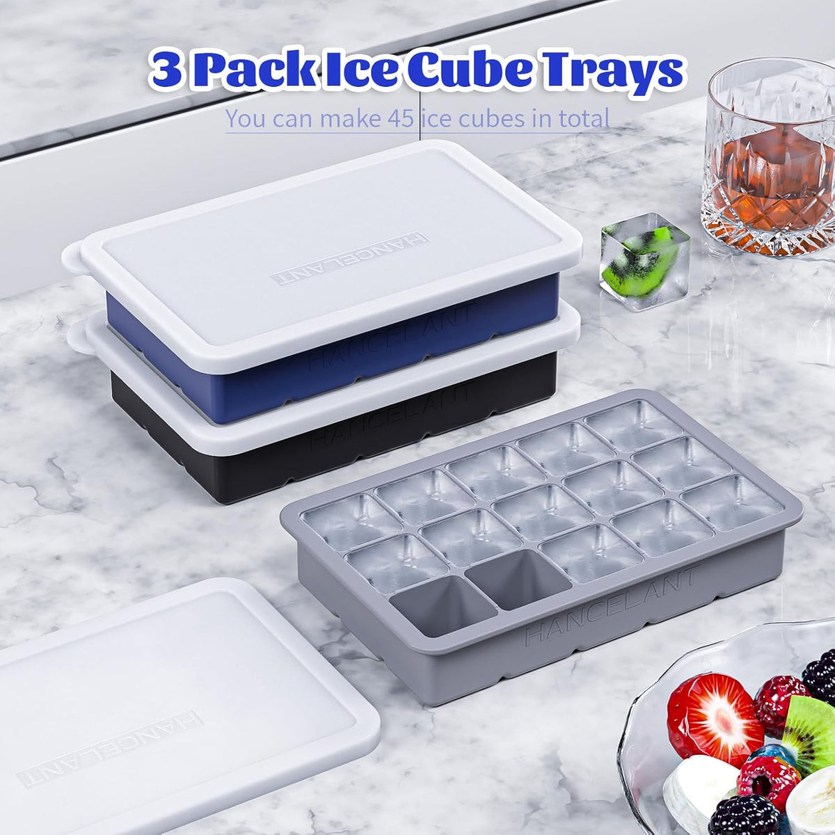 Silicone Ice Cube Tray, Ice Cube Mold, Ice Trays for Freezer with Lid for Whiskey, Cocktail, Drinks and Food, Freezer, BPA Free, Easy Release