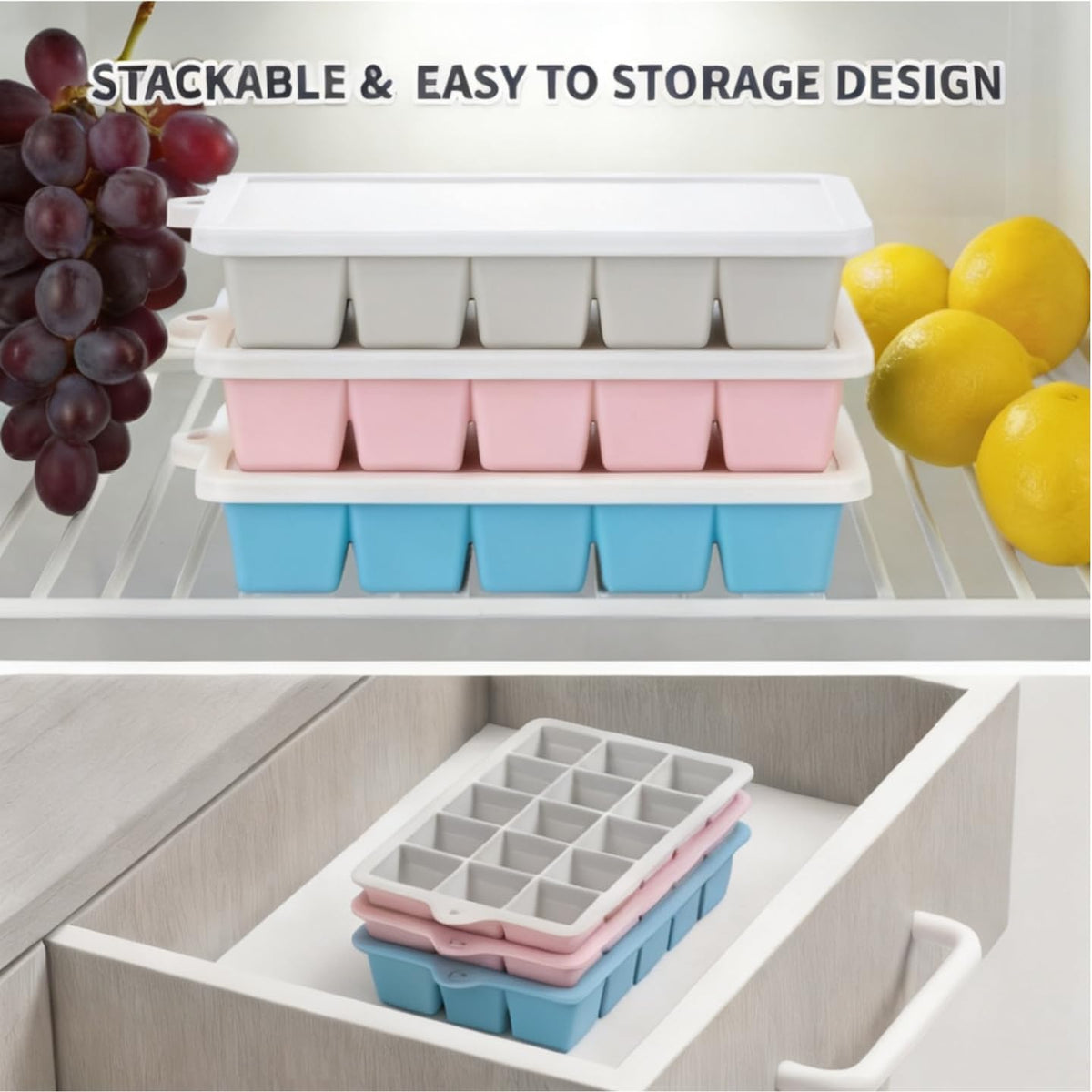 Silicone Ice Cube Tray, Ice Cube Mold, Ice Trays for Freezer with Lid for Whiskey, Cocktail, Drinks and Food, Freezer, BPA Free, Easy Release