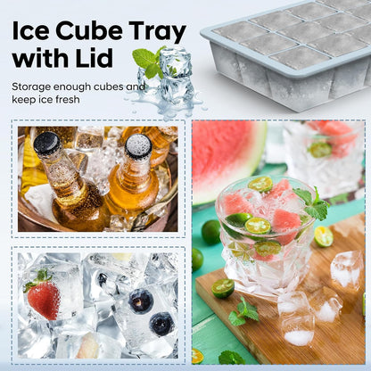 Silicone Ice Cube Tray, Ice Cube Mold, Ice Trays for Freezer with Lid for Whiskey, Cocktail, Drinks and Food, Freezer, BPA Free, Easy Release