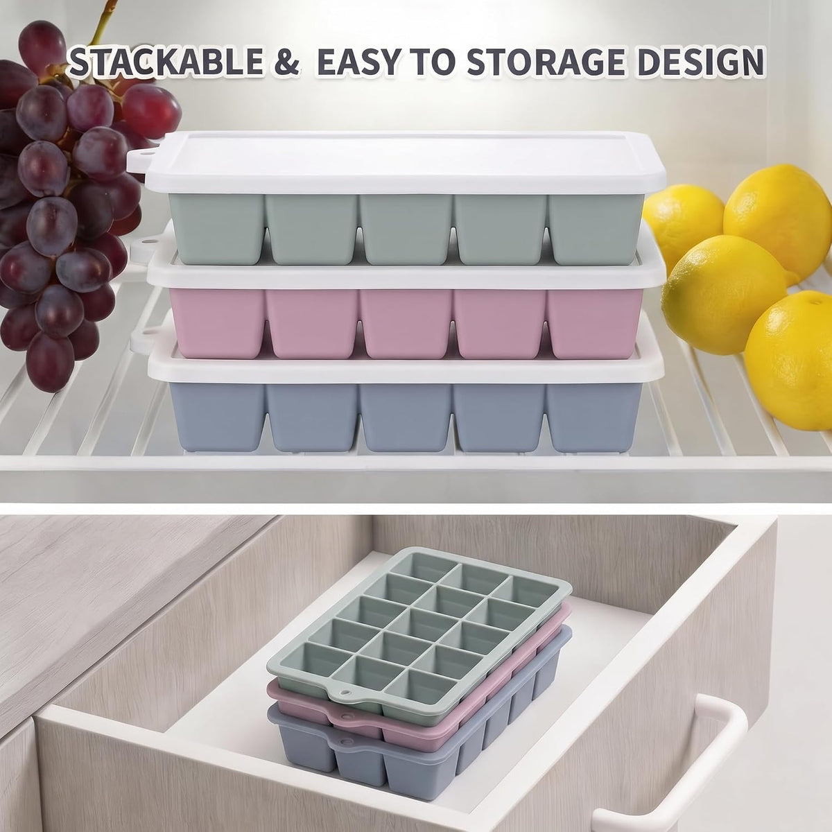 Silicone Ice Cube Tray, Ice Cube Mold, Ice Trays for Freezer with Lid for Whiskey, Cocktail, Drinks and Food, Freezer, BPA Free, Easy Release