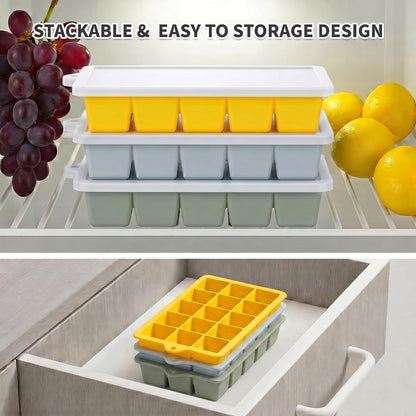 Silicone Ice Cube Tray, Ice Cube Mold, Ice Trays for Freezer with Lid for Whiskey, Cocktail, Drinks and Food, Freezer, BPA Free, Easy Release