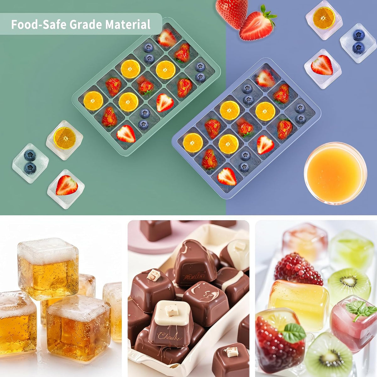 Silicone Ice Cube Tray, Ice Cube Mold, Ice Trays for Freezer with Lid for Whiskey, Cocktail, Drinks and Food, Freezer, BPA Free, Easy Release