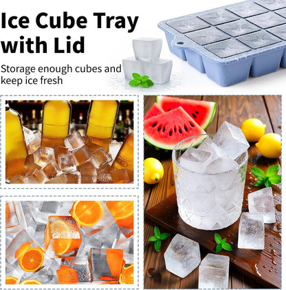 Silicone Ice Cube Tray, Ice Cube Mold, Ice Trays for Freezer with Lid for Whiskey, Cocktail, Drinks and Food, Freezer, BPA Free, Easy Release