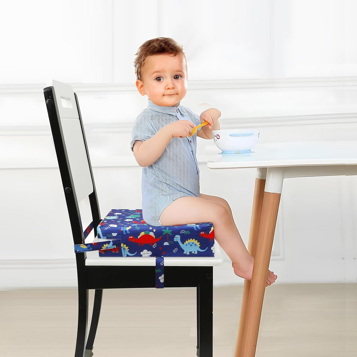 Toddler Booster Seat for Dining Table, Portable Increasing Booster Cushion for Kids, Double Strap Safety,PU Anti-Scratch, Non-Slip Bottom (Blue)