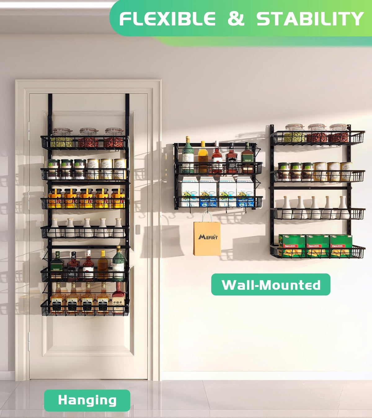 Over The Door Pantry Organizer, Wall Mount Spice Rack 8-Tier White