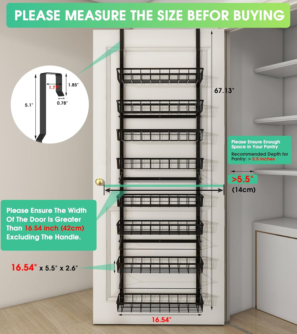 Over The Door Pantry Organizer, Wall Mount Spice Rack 8-Tier White