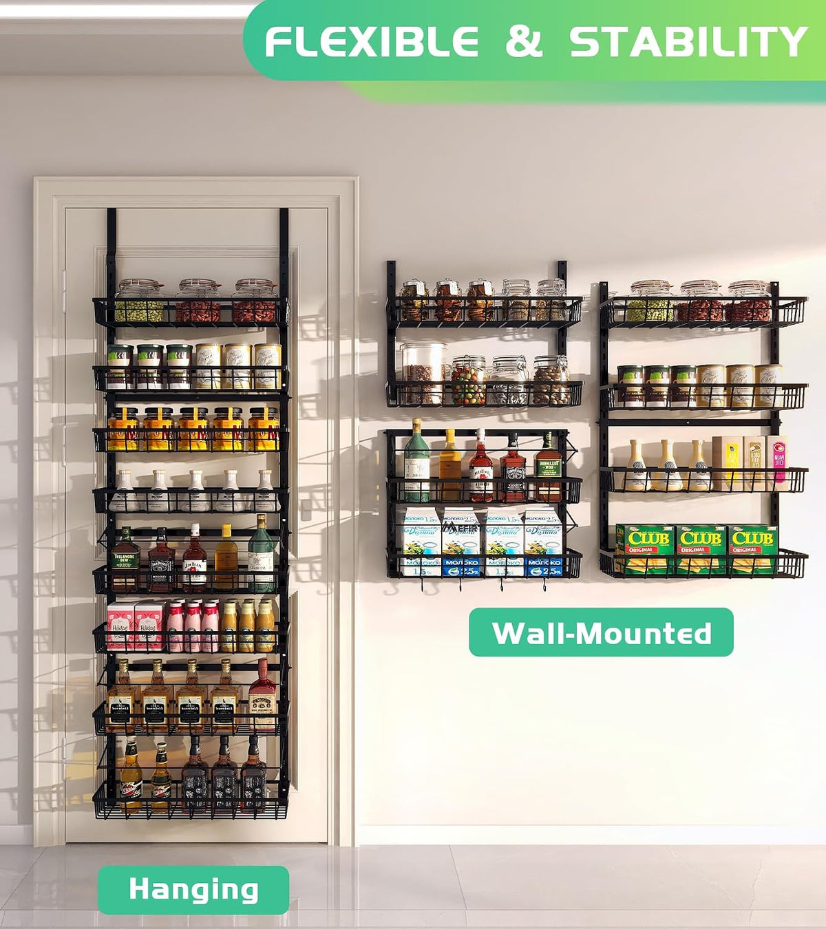 Over The Door Pantry Organizer, Wall Mount Spice Rack 8-Tier White
