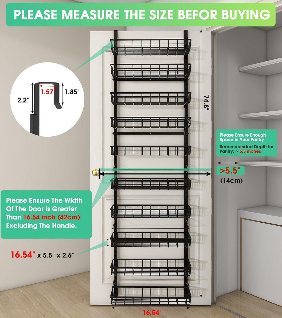 Over The Door Pantry Organizer, Wall Mount Spice Rack 8-Tier White