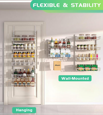Over The Door Pantry Organizer, Wall Mount Spice Rack 8-Tier White