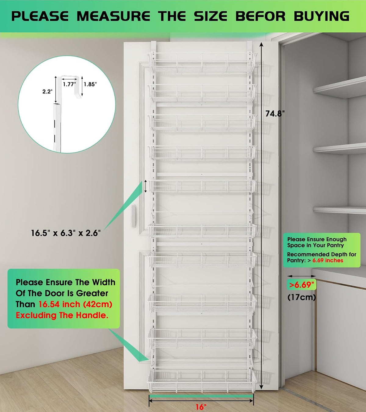 Over The Door Pantry Organizer, Wall Mount Spice Rack 8-Tier White
