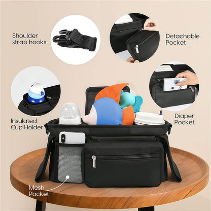 Compact Universal Stroller Organizer: Insulated Cup Holders, Detachable Phone Pouch + Shoulder Strap, Ideal for Parenting Journeys (Pink)