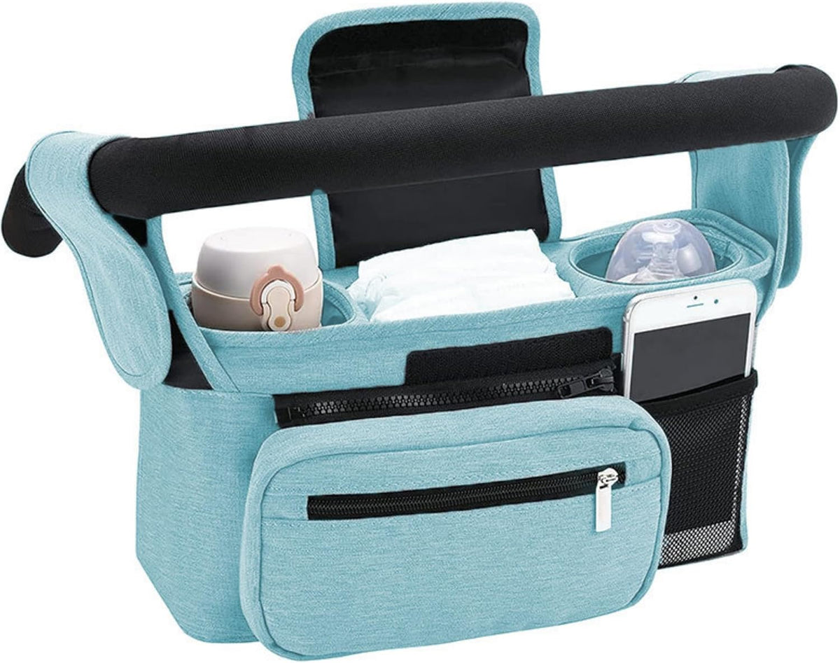 Compact Universal Stroller Organizer: Insulated Cup Holders, Detachable Phone Pouch + Shoulder Strap, Ideal for Parenting Journeys (Pink)
