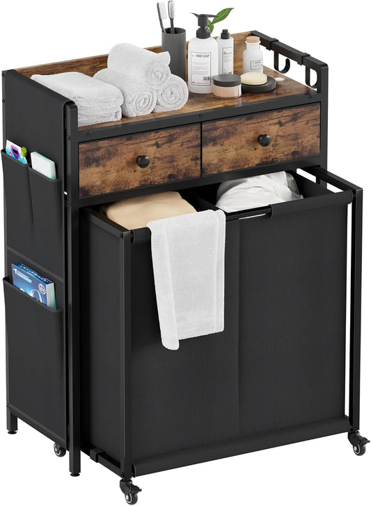Laundry Hamper Basket 2 Section : Rolling Laundry Sorter Organizer with Wheels - Clothes Hamper with Shelf Drawers Oxford Bags - Clothes Basket for Laundry Room Bathroom Bedroom