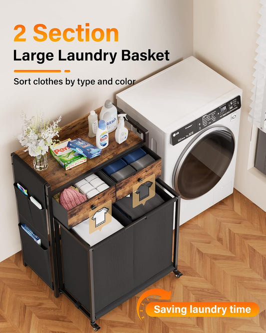 Laundry Hamper Basket 2 Section : Rolling Laundry Sorter Organizer with Wheels - Clothes Hamper with Shelf Drawers Oxford Bags - Clothes Basket for Laundry Room Bathroom Bedroom