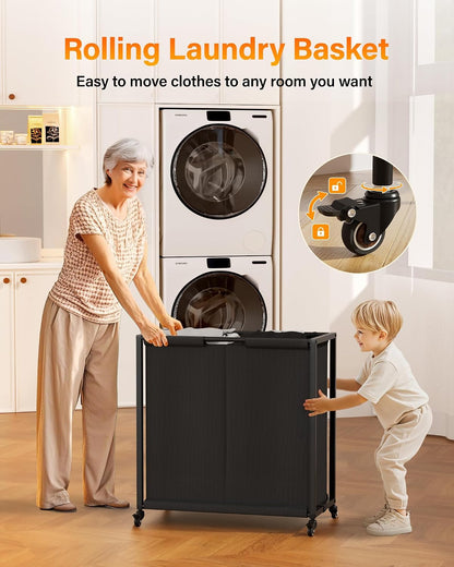 Laundry Hamper Basket 2 Section : Rolling Laundry Sorter Organizer with Wheels - Clothes Hamper with Shelf Drawers Oxford Bags - Clothes Basket for Laundry Room Bathroom Bedroom