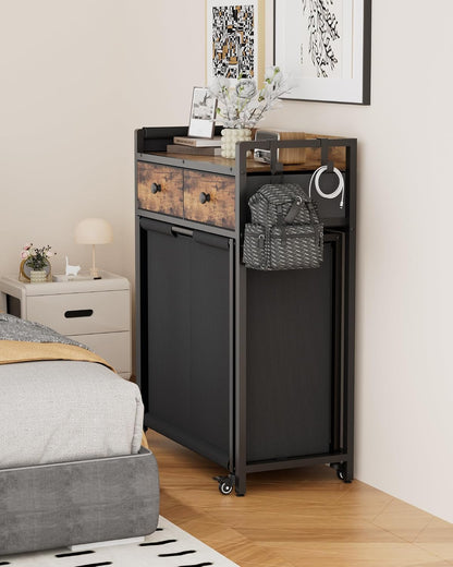 Laundry Hamper Basket 2 Section : Rolling Laundry Sorter Organizer with Wheels - Clothes Hamper with Shelf Drawers Oxford Bags - Clothes Basket for Laundry Room Bathroom Bedroom