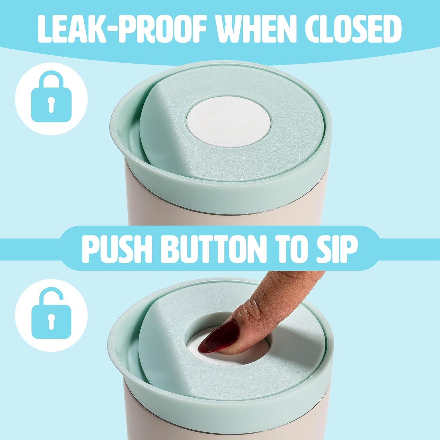 12oz Insulated Stainless Steel Push Mug, Leak-Proof Lid with One-Hand Open/Close Button, Travel Coffee Cup, Double Wall Vacuum Flask, Aqua Blue