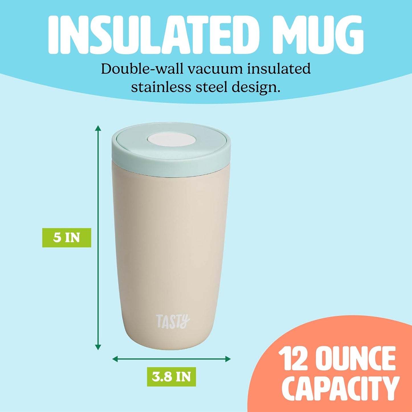 12oz Insulated Stainless Steel Push Mug, Leak-Proof Lid with One-Hand Open/Close Button, Travel Coffee Cup, Double Wall Vacuum Flask, Aqua Blue