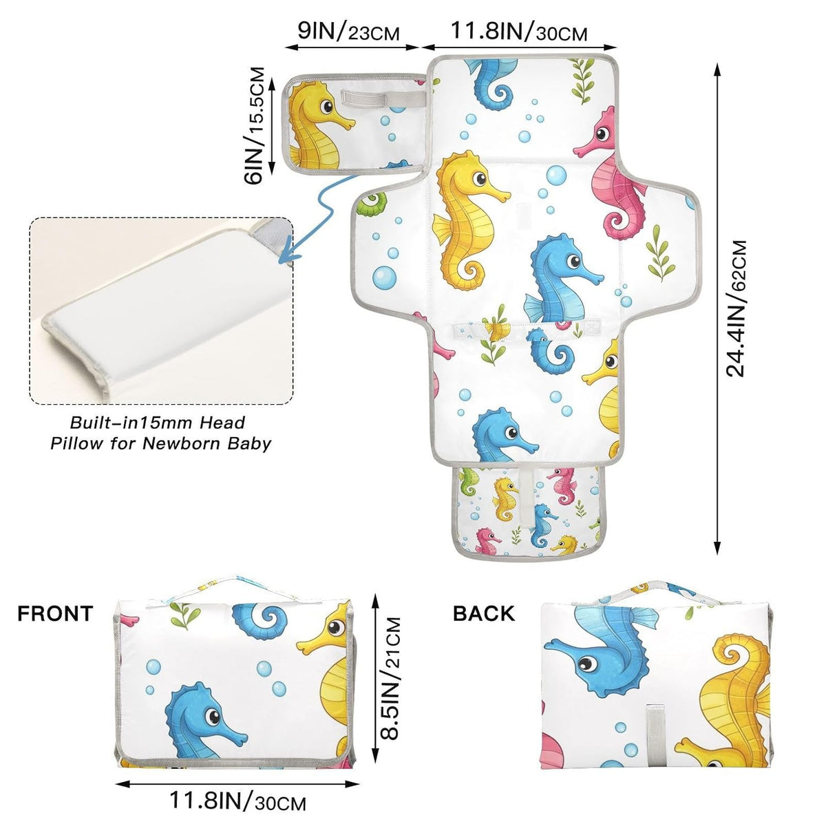 Colorful Seahorses Pattern Portable Diaper Changing Pad Daycare