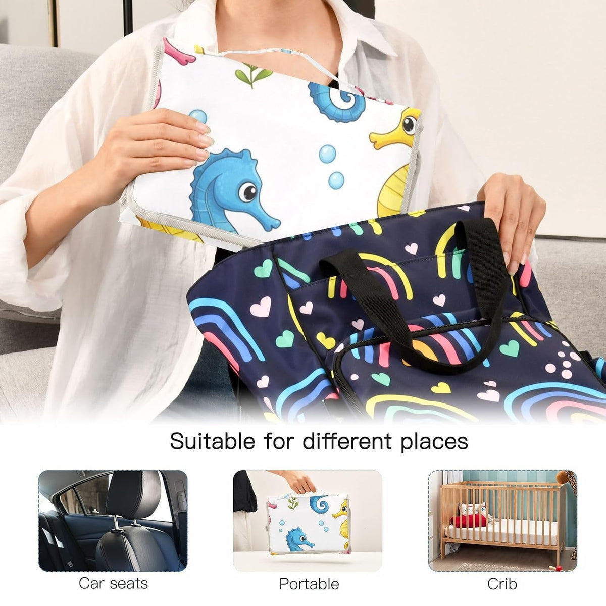Colorful Seahorses Pattern Portable Diaper Changing Pad Daycare