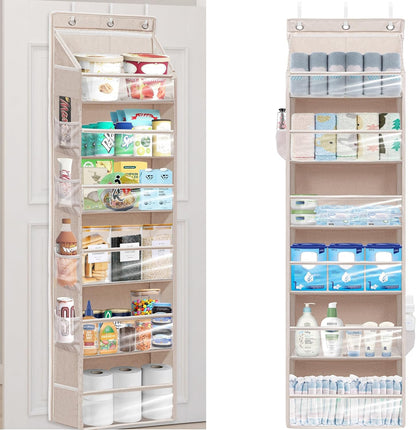 Over Door Organizer with 6 Extra Large Pockets 12 Side Pockets, Sturdy Closet Rack, Hanging Storage Organizer with Clear Window for Shoes, Diapers, Bedroom, Bathroom, Beige