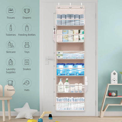 Over Door Organizer with 6 Extra Large Pockets 12 Side Pockets, Sturdy Closet Rack, Hanging Storage Organizer with Clear Window for Shoes, Diapers, Bedroom, Bathroom, Beige