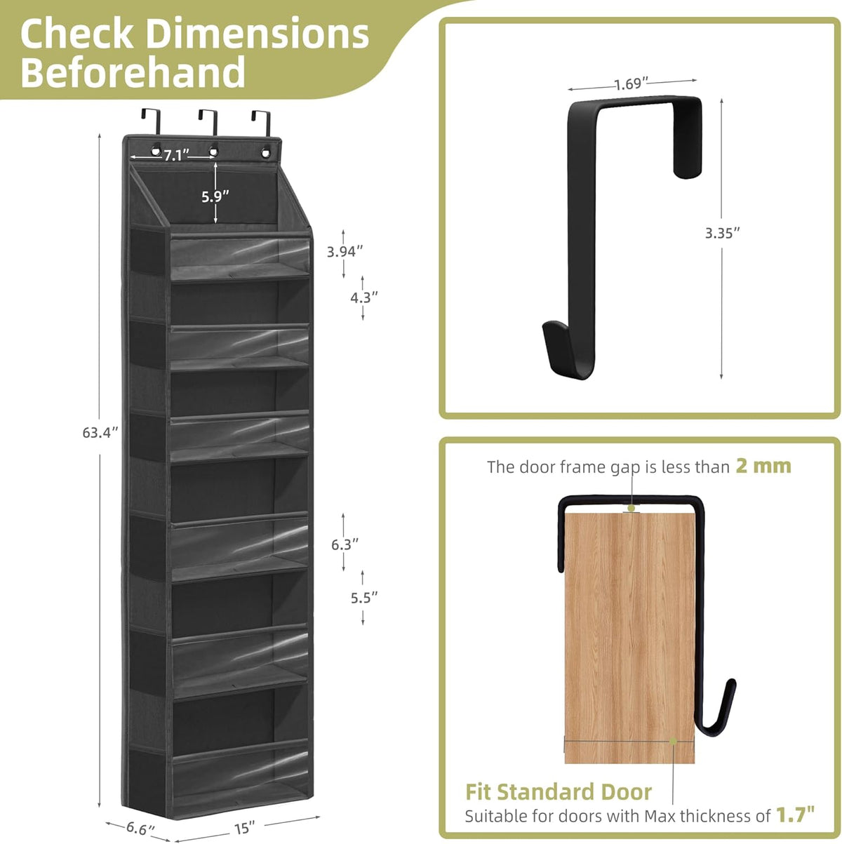 Over Door Organizer with 6 Extra Large Pockets 12 Side Pockets, Sturdy Closet Rack, Hanging Storage Organizer with Clear Window for Shoes, Diapers, Bedroom, Bathroom, Beige