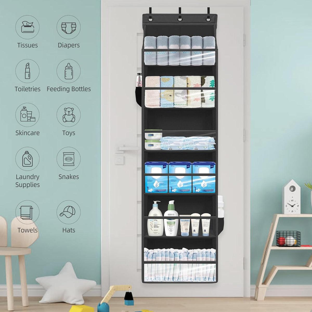 Over Door Organizer with 6 Extra Large Pockets 12 Side Pockets, Sturdy Closet Rack, Hanging Storage Organizer with Clear Window for Shoes, Diapers, Bedroom, Bathroom, Beige