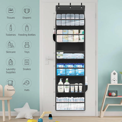 Over Door Organizer with 6 Extra Large Pockets 12 Side Pockets, Sturdy Closet Rack, Hanging Storage Organizer with Clear Window for Shoes, Diapers, Bedroom, Bathroom, Beige