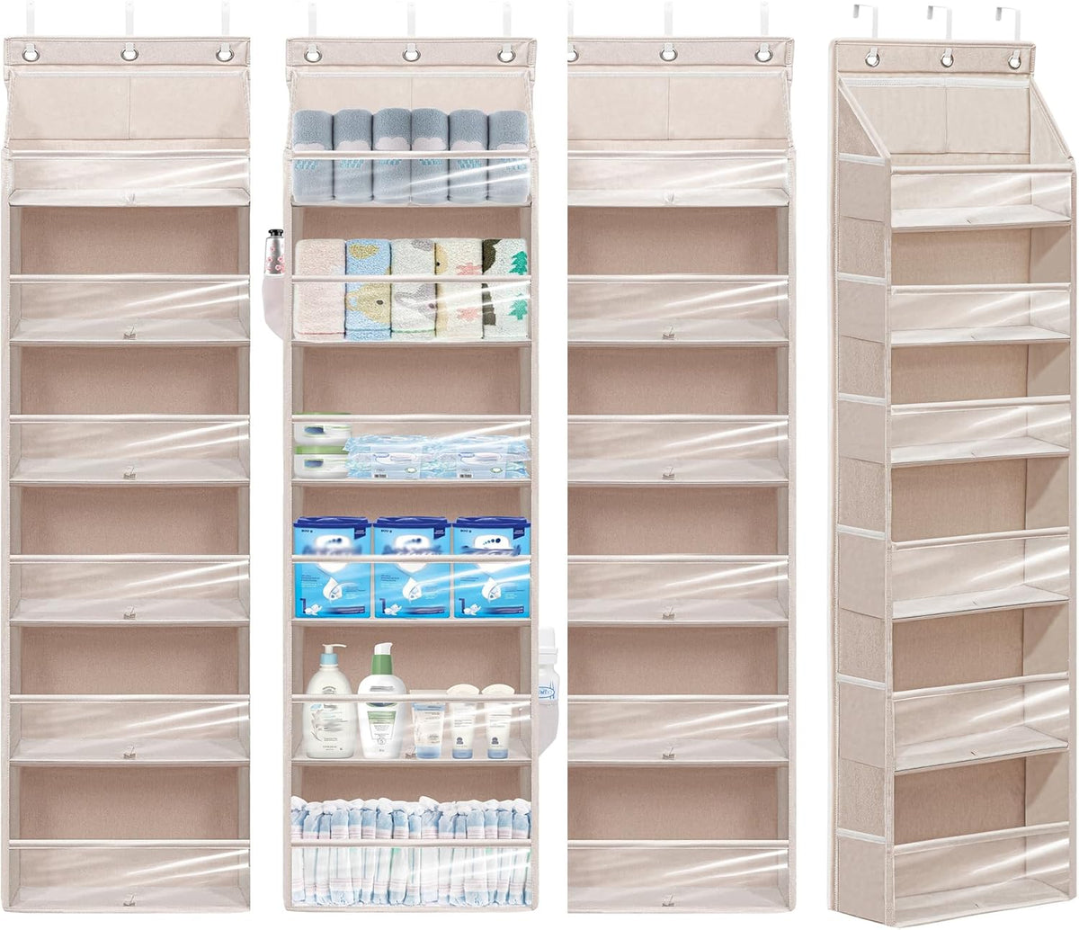 Over Door Organizer with 6 Extra Large Pockets 12 Side Pockets, Sturdy Closet Rack, Hanging Storage Organizer with Clear Window for Shoes, Diapers, Bedroom, Bathroom, Beige