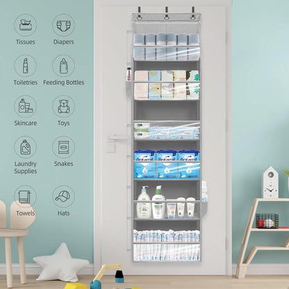 Over Door Organizer with 6 Extra Large Pockets 12 Side Pockets, Sturdy Closet Rack, Hanging Storage Organizer with Clear Window for Shoes, Diapers, Bedroom, Bathroom, Beige