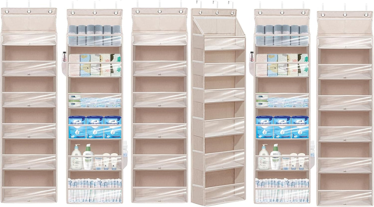 Over Door Organizer with 6 Extra Large Pockets 12 Side Pockets, Sturdy Closet Rack, Hanging Storage Organizer with Clear Window for Shoes, Diapers, Bedroom, Bathroom, Beige