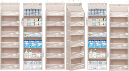 Over Door Organizer with 6 Extra Large Pockets 12 Side Pockets, Sturdy Closet Rack, Hanging Storage Organizer with Clear Window for Shoes, Diapers, Bedroom, Bathroom, Beige