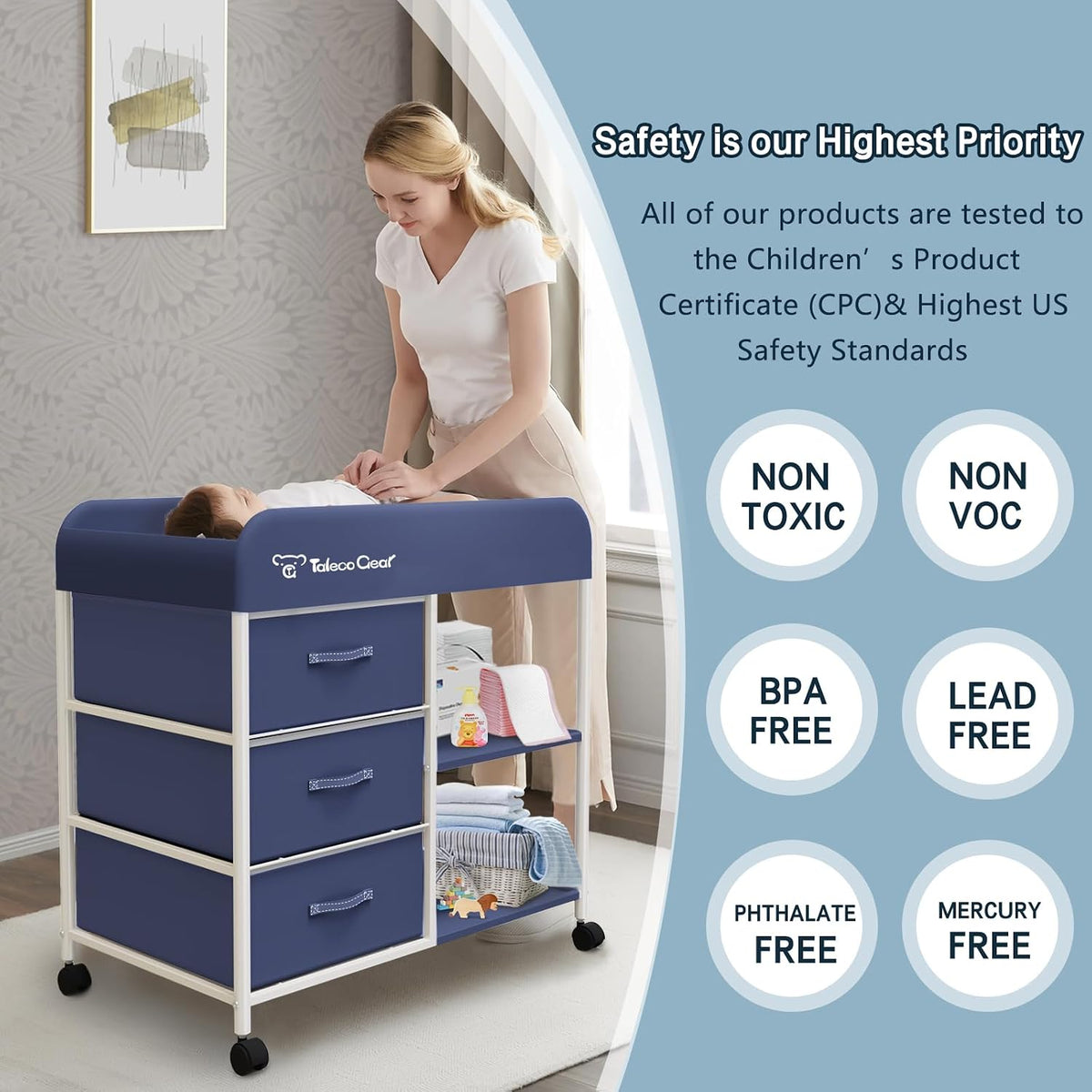 G Baby Changing Table, Portable Changing Table, Diaper Changing Station with Waterproof Pad, Changing Table Dresser with 3 Storage Baskets, Mobile Nursery Organizer for Newborn Essentials