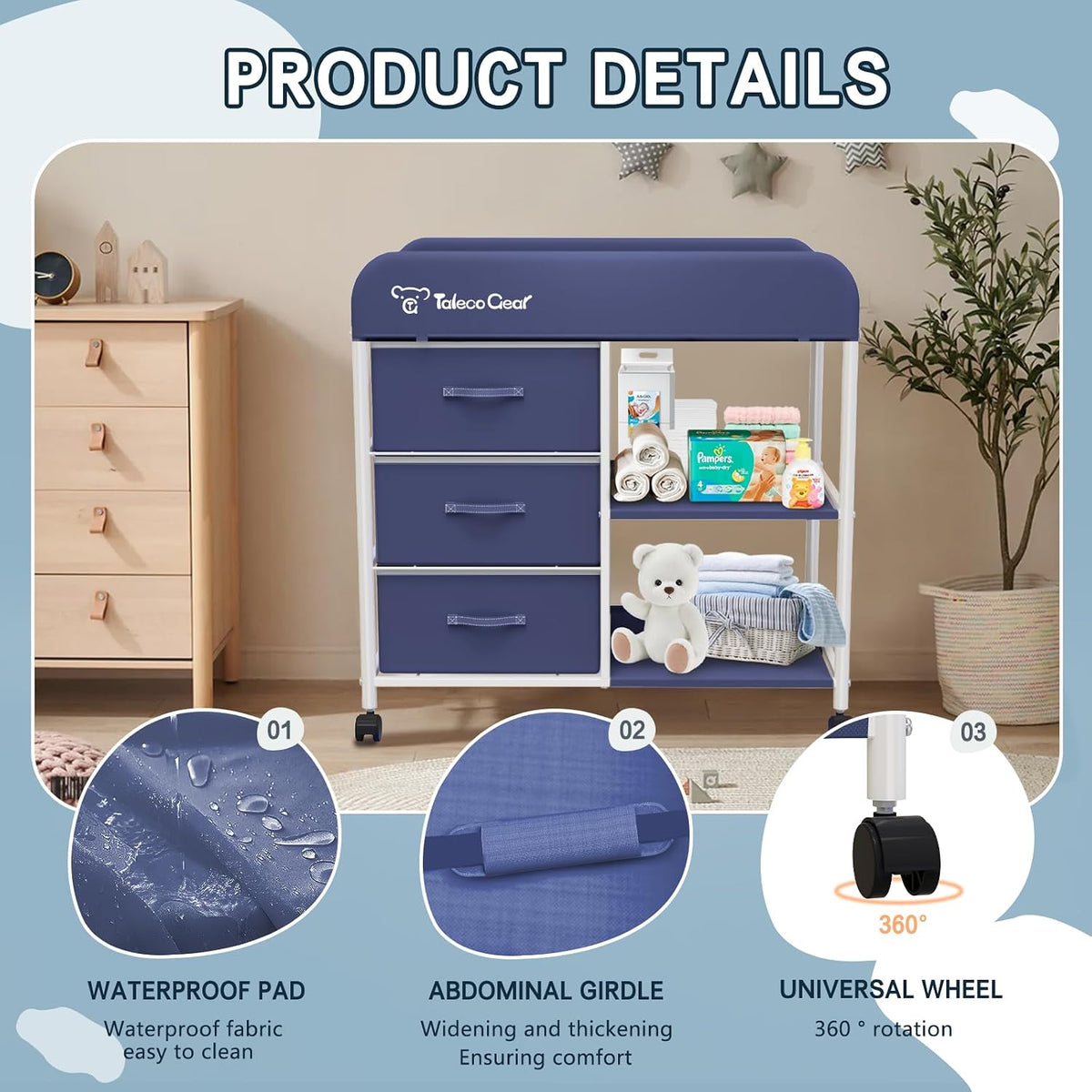 G Baby Changing Table, Portable Changing Table, Diaper Changing Station with Waterproof Pad, Changing Table Dresser with 3 Storage Baskets, Mobile Nursery Organizer for Newborn Essentials