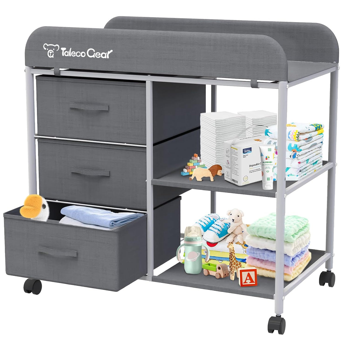 G Baby Changing Table, Portable Changing Table, Diaper Changing Station with Waterproof Pad, Changing Table Dresser with 3 Storage Baskets, Mobile Nursery Organizer for Newborn Essentials