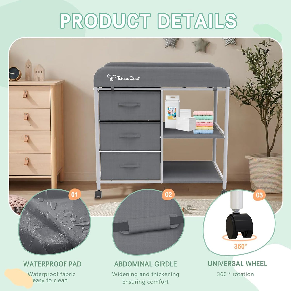 G Baby Changing Table, Portable Changing Table, Diaper Changing Station with Waterproof Pad, Changing Table Dresser with 3 Storage Baskets, Mobile Nursery Organizer for Newborn Essentials