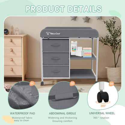 G Baby Changing Table, Portable Changing Table, Diaper Changing Station with Waterproof Pad, Changing Table Dresser with 3 Storage Baskets, Mobile Nursery Organizer for Newborn Essentials